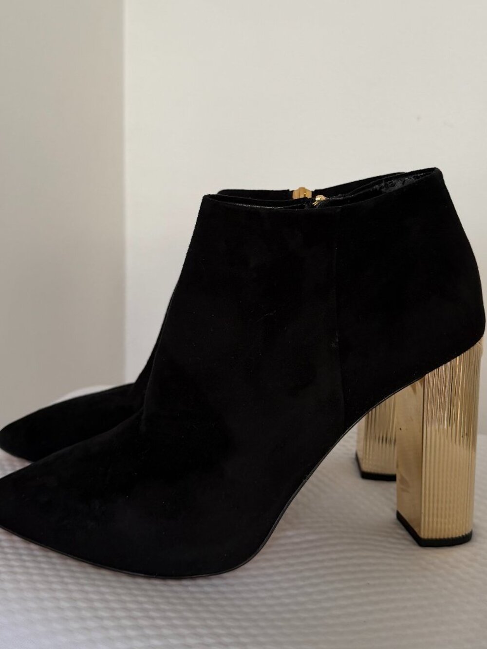 Michael Kors Paloma Black Suede Ankle Booties Gold Block Heel Size 9.5